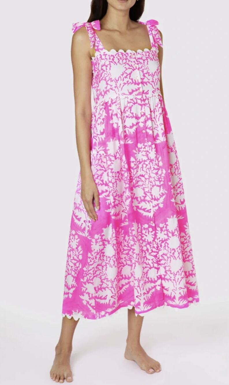 Juliet Dunn Tuckernuck Tie Shoulder Palladio Print Midi Dress Fuchsia